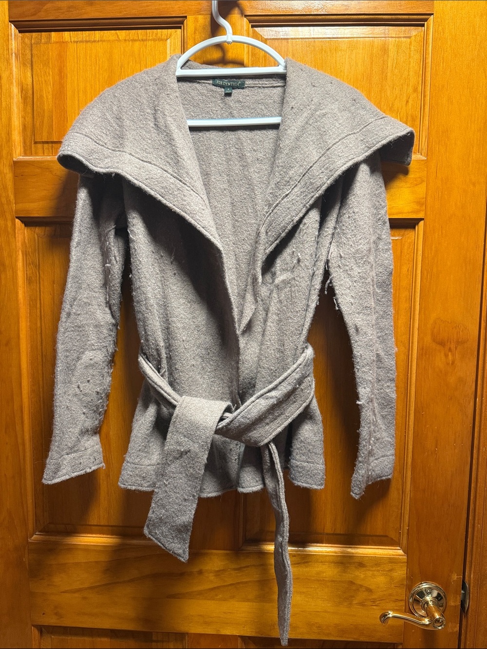 For Cynthia Taupe Belted Shawl-Collar Open Cardigan